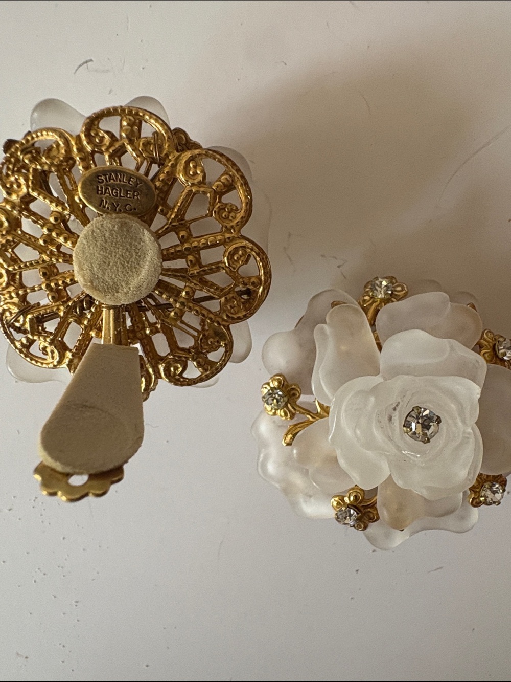 Stanley Hagler NYC White Frosted Floral Clip-On Earrings with Gold Accents